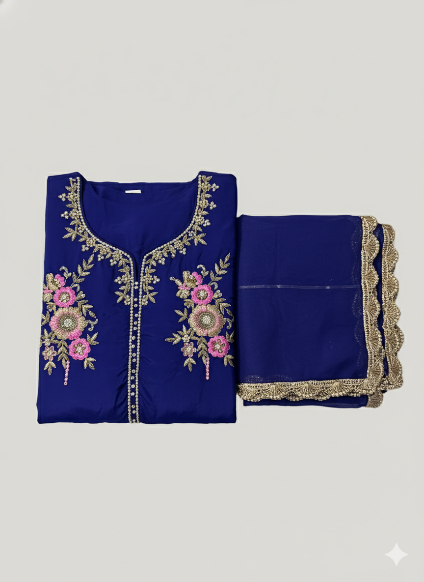 Elegant royal blue salwar kameez with intricate gold and pearl embroidery